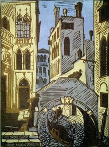 Venedik, İtalya (Venedik). Kanal, gondol, köprü ve şehrin cepheleri. Alexei Ilyich Kravchenko (1889-1940), gravür çalışması. Rus sanatı, 19.-20. yüzyıl manzarası. Devlet Tretyakov Galerisi, Moskova. (Rusya).