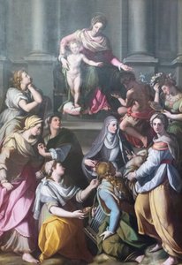 Madonna, azizler ve figürlerle çevrili, Çocuk ile taçlandırılmış by Alessandro Allori