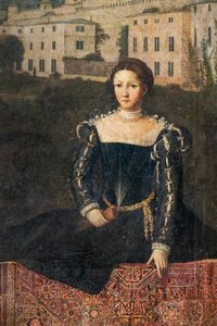 Soylu bir kadının portresi, Soylu Hanımların Küçük Odasının detayı (duvarlara yapıştırılmış tuval üzerine yağlı boya) by Alessandro Bonvicino Moretto