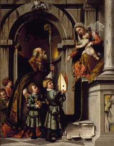 Myra veya Bari'li Aziz Nikolaos (270-345), Galeazzo Rovelli'nin öğrencilerini tahtta çocuk İsa ile Bakire'ye sunar Resim Alessandro Bonvicino dit il Moretto (1498-1554) 16. yüzyıl Güneşi. 245x192 cm Brescia, Pinacoteca Tosio Martinengo by Alessandro Bonvicino Moretto