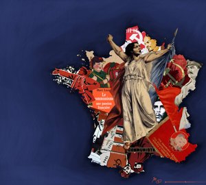 Komünist kolajın arka planına karşı bir mariana. Fransa'da Komünizm Alegorisi. 2010 Alessandro Lonati'nin renkli çizimi. by Alessandro Lonati