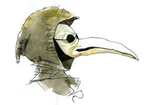 Aromatik maddelerle dolu gaga benzeri bir maske takan bir veba doktoru by Alessandro Lonati
