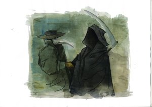 Ölümün önünde aromatik maddelerle dolu gaga benzeri bir maske takan bir veba doktoru onu sahte tutuyor. by Alessandro Lonati