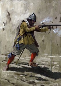 A tercio , 1534 ile 1704 yılları arasında İspanyol piyadelerine ait bir gemi. Alessandro Lonati'nin çizimi by Alessandro Lonati