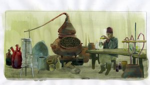 Simyacı laboratuvarında kavanozlar ve damıtıcıyla (laboratuarında kavanozlar ve damıtıcıyla simyacı) İllüstrasyon, Alessandro Lonati