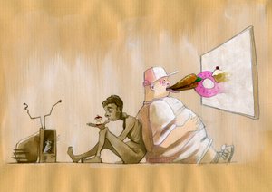 Ortak toplumumuzun bir tüketim toplumu olarak alegorik temsili, dev bir ekranın önünde fast food (abur cubur) yutan genç bir batılı obez olarak abartılıyor, televizyonun önündeki bir elma saplamasına umutsuzca bakan aç bir adama sahip çıkıyor. by Alessandro Lonati