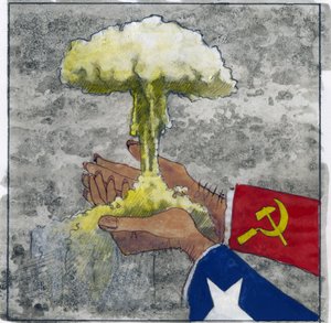 Atom bulutunu tutan Amerikan ve Sovyet elleri olarak soğuk savaşın alegorik temsili Alessandro Lonati'nin İllüstrasyonu