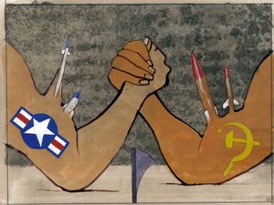 Soğuk savaşın alegorik temsili, Amerika'nın silahlı kuvvetleri ile Sovyetler Birliği arasındaki bir bilek güreşi olarak Alessandro Lonati'nin İllüstrasyonu by Alessandro Lonati