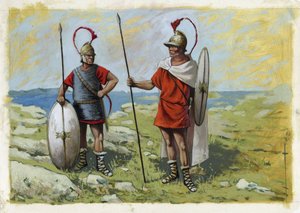 Antik Yunanistan: tureophor paralı asker (Thureophoros veya Thureophoroi) (MÖ 3.-1. yüzyıl) (sağda) ve Thorakites (Thorakitai) (solda). Alessandro Lonati'nin çizimi by Alessandro Lonati