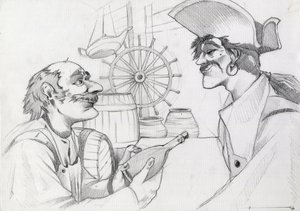 Caraibes korsanı bir handa elinde şişeyle. Alessandro Lonati'nin çizimi. by Alessandro Lonati
