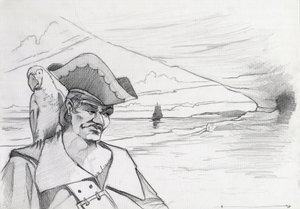 Papağanlı Karayip korsanı sahildeki bir mağarada kalyonla hazine arıyor. Alessandro Lonati'nin çizimi. by Alessandro Lonati