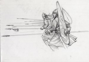 1066'da Hastings Muharebesi'nde piyadelerin Norman savaşçılarının hücumu. Alessandro Lonati'nin çizimi. by Alessandro Lonati