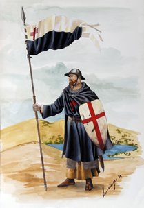 Haçlı Seferleri: Kızıl Haç ile siyah elbise giyen Tapınakçılar Tarikatı'ndan bir şövalye. Alessandro Lonati'nin illüstrasyonu by Alessandro Lonati