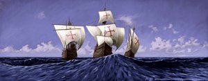 Amerika'yı Keşfedin: “Pinta', “Nina” ve “Santa Maria', Kristof Kolomb'un 1492 seferi sırasındaki karavelaları. Alesandro Lonati'nin çizimi. 2010 by Alessandro Lonati