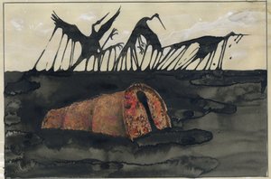 Ekolojik felaket: Bir petrol tankerinin veya petrol bidonlarının batmasının ardından sahildeki petrol bulaşmış kuşlar Alessandro Lonati'nin çizimi by Alessandro Lonati