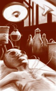 Fantastik Yaratık: laboratuvar testlerine tabi tutulan bir uzaylı. Alesandro Lonati'nin illüstrasyonu. 2010 by Alessandro Lonati