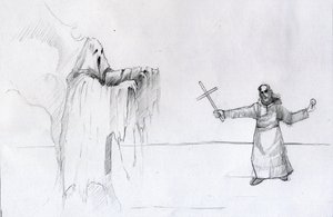 Haç tutan bir keşiş ile hayalet arasındaki kavga Alessandro Lonati by Alessandro Lonati
