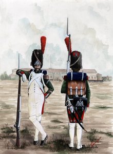Birinci İmparatorluk (1804-1814 ve 1815): İtalya'nın Milano kentindeki Sforzesco Kalesi meydanındaki Büyük Napolyon Ordusu Kraliyet Muhafızları'nın Grenadier askerleri. Alessandro Lonati'nin çizimi by Alessandro Lonati