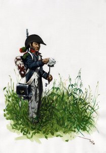 Birinci İmparatorluk (1804-1814 ve 1815): büyük Fransız Napolyon ordusunun piyade avcısı asker. Alessandro Lonati'nin çizimi by Alessandro Lonati
