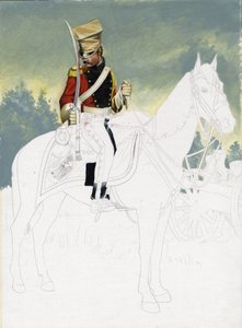 Birinci İmparatorluk (1804-1814 ve 1815): büyük Fransız Napolyon ordusunun hafif süvarilerinin askeri. Alessandro Lonati'nin bitmemiş çizimi. by Alessandro Lonati