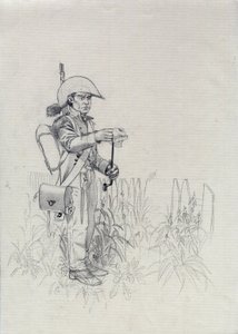 Birinci İmparatorluk (1804-1814 veya 1815): Napolyon ordusunun askeri, asker piyade avcısı (piyade avcısı). Alessandro Lonati'nin çizimi by Alessandro Lonati
