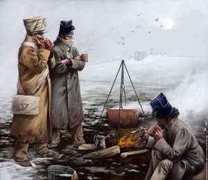 Birinci İmparatorluk: I. Napolyon'un (muhtemelen Rusya'da) 19. yüzyılın başlarındaki bir seferi sırasında ateşin etrafında ısınan veya tencereyi kaynatan hafif piyade askerleri. Alesandro Lonati'nin illüstrasyonu. 2010 by Alessandro Lonati
