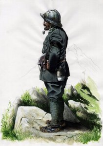 Birinci Dünya Savaşı 1914-1918: Front des Alpes'de İtalyan ordusunun Alp avcı subayı (Alp avcısı). Alessandro Lonati'nin çizimi by Alessandro Lonati