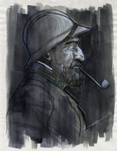Birinci Dünya Savaşı 1914-1918: 1915'te pipo içen İtalyan ordusundan bir askerin profil portresi. Çizim Alessandro Lonati by Alessandro Lonati