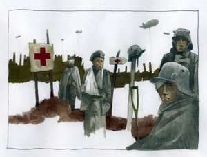 Birinci Dünya Savaşı: Kızıl Haç kurtarma karakolunda görevli Gules kazaları ve savaş yaralıları - 1914-1918 İllüstrasyon, Alessandro Lonati by Alessandro Lonati