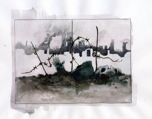 Birinci Dünya Savaşı: Harabelerin arka planına karşı sakallı kafatası miğferli savaş alegorisi Alessandro Lonati'nin renkli çizimi by Alessandro Lonati