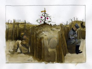 Birinci Dünya Savaşı: 1914-1918 Noel zamanında siperde İngiliz (solda) ve Alman iki düşman askerinin yalnızlığı Alessandro Lonati'nin İllüstrasyonu by Alessandro Lonati