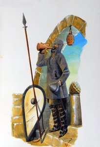 Birinci Haçlı Seferi: Hareketsiz durumdaki bir turna, fileli ceketiyle sürahiyi içer, kalkanı ve mızrağı yanına konur. Alessandro Lonati'nin illüstrasyonu by Alessandro Lonati