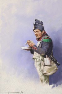 İlk imparatorluk: 19. yüzyılın başlarında I. Napolyon'un (muhtemelen Rusya'da) bir seferi sırasında yemek sırasında hafif piyade askeri. Alessandro Lonati'nin illüstrasyonu. 2010 by Alessandro Lonati
