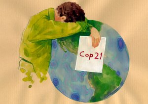 Dünyanın geleceği, elinde polis 21 tabelasını tutan ağlayan bir adam (küresel ısınma ve kirliliğe çözüm bulması beklenen Paris'te düzenlenen 2015 Birleşmiş Milletler İklim Değişikliği Konferansı) Alessandro Lonati'nin İllüstrasyonu by Alessandro Lonati