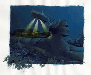 Atlantis Denizi'nin (Atlantis) altında kaybolan ada mitinin illüstrasyonu: bir denizaltı (denizaltı), efsanevi adanın diplerini araştırır ve kalıntılarını keşfeder. Alessandro Lonati'nin çizdiği renk. by Alessandro Lonati