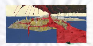 Atlantis Denizi'nin altında kaybolan ada mitinin illüstrasyonu: efsanevi adanın yok olmasına neden olacak yanardağın patlamasının görüntüsü. Alessandro Lonati'nin çizdiği renk. by Alessandro Lonati