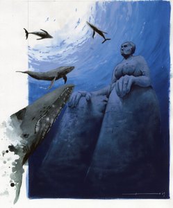 Atlantis Denizi'nin altında kaybolan ada efsanesinin illüstrasyonu: efsanevi adanın kalıntılarının etrafındaki denizin derinliklerindeki balinalar. Alessandro Lonati'nin çizdiği renk. by Alessandro Lonati