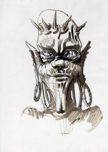 Fantezi illüstrasyonu için efsanevi canavar: bir kabile yaratığının ya da trolün yüzü. Alessandro Lonati'nin çizimi by Alessandro Lonati