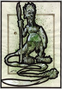 Fantezi illüstrasyonu için efsanevi canavar: mızraklı, kalkanlı ve tüylü kuyruklu bir kabile yaratığının veya savaşçının yüzü. Alessandro Lonati'nin çizimi by Alessandro Lonati