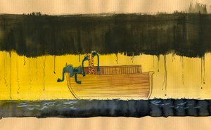 Kirlilik ve çevre: Karanlık ve kirli bir denizde, hava kirliliği nedeniyle oksijen maskeleri takılmış iki çift hayvan taşıyan Nuh'un Gemisi (Kirlilik ve by Alessandro Lonati