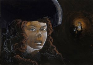 Gece başka bir korsanın feneriyle aydınlatılan bir korsan kadının (korsan) veya denizcinin portresi. Alessandro Lonati'nin çizdiği renk. by Alessandro Lonati