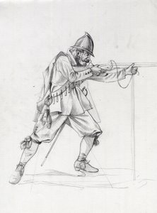 17. yüzyıla ait bir gemi askerinin portresi, kendini ateş pozisyonuna sokuyor. Alessandro Lonati'nin çizimi. by Alessandro Lonati