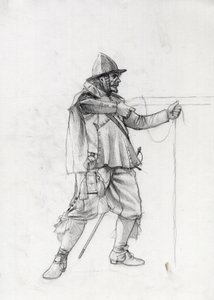 17. yüzyıla ait bir gemi askerinin portresi, kendini ateş pozisyonuna sokuyor. Alessandro Lonati'nin çizimi. by Alessandro Lonati