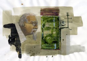 İtalyan kriminologun formalinle korunmuş kendi kafasına bakan portresi Alessandro Lonati'nin çizimi by Alessandro Lonati