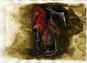 İngiliz folklorundan Goblin ailesinin efsanevi kötü yaratığı Red Cap (Red bere, powrie veya duter, Red-Bonnet) temsili - (Sınır Folklorunda bulunan kırmızı bere, kötü niyetli cani cüce, goblin, elf veya peri) İllüstrasyon, Alessandro Lo by Alessandro Lonati