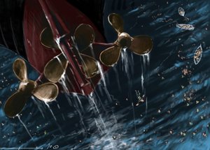 Transatlantik gemisi Titanik'in 14 ve 15 Nisan 1912'de battığı sırada sarmallarının görünümü. Alesandro Lonati'nin çizimi. 2010 by Alessandro Lonati