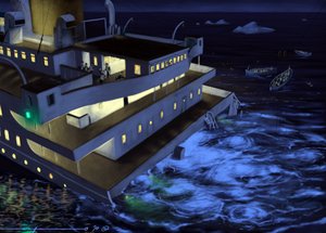 Transatlantik gemisi Titanic'in 14 ve 15 Nisan 1912'de battığı sırada görünümü. Alesandro Lonati'nin çizimi. 2010 by Alessandro Lonati