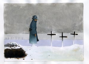 Birinci Dünya Savaşı: bir savaş mezarında haçlara bakan bir Fransız askeri by Alessandro Lonati