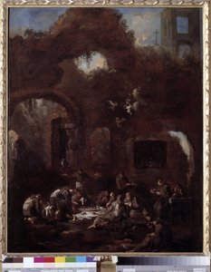 Kalıntılar arasında masada Capuchin rahipleri (tuval üzerine yağlı boya by Alessandro Magnasco