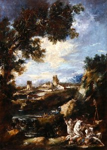 Yol Kenarındaki Bir Tapınakta Dua Eden Karmelit Rahipler ile Manzara, 1720 dolayları (tuval üzerine yağlı boya) by Alessandro Magnasco